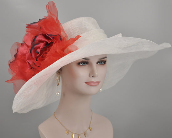 Wide Brim Sinamay Derby Hat: White with Red Silk Flower