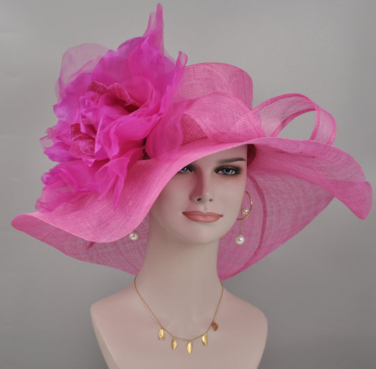 Hot Pink Sinamay Kentucky Derby Hat: Jumbo Silk Flower Wide Brim