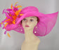 Fuchsia Feather Flower Derby Hat: Orange Accent Sinamay Brim