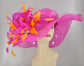 Fuchsia Feather Flower Derby Hat: Orange Accent Sinamay Brim