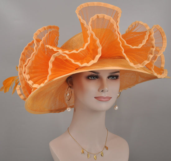 Orange Sinamay Kentucky Derby Hat: Feathered Tea Party Church Hat