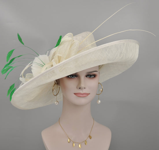 Wide Brim Kentucky Derby Hat, Ascot Hat for Wedding & Tea Party, Garden Party Hat, Mother of the Bride, Church Ivory/ Off White Green
