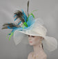 White Wide Brim Sinamay Hat Kentucky Derby Hat w Teal Blue White Green Turkey Peacocks Feather Flower Kentucky Derby Wedding Hat, Easter Hat