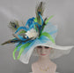 White Wide Brim Sinamay Hat Kentucky Derby Hat w Teal Blue White Green Turkey Peacocks Feather Flower Kentucky Derby Wedding Hat, Easter Hat