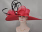 Red Sinamay Kentucky Derby Hat: Feather Ascot Race Day Hat