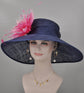 Navy Fuchsia Pink Feather Flower Wide Brim Kentucky Derby Hat, Ascot Hat for Wedding Tea Party, Garden Party Hat, Mother of the Bride,Church