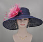 Navy Blue w Fuchsia Hot Pink and Pink Feather Flower Kentucky Derby Hat Tea Party Carriage Party  Royal AscotWide Brim  Sinamay Hat