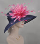 Navy Fuchsia Pink Feather Flower Wide Brim Kentucky Derby Hat, Ascot Hat for Wedding Tea Party, Garden Party Hat, Mother of the Bride,Church