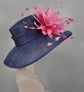 Navy Blue w Fuchsia Hot Pink and Pink Feather Flower Kentucky Derby Hat Tea Party Carriage Party  Royal AscotWide Brim  Sinamay Hat