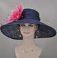 Navy Blue w Fuchsia Hot Pink and Pink Feather Flower Kentucky Derby Hat Tea Party Carriage Party  Royal AscotWide Brim  Sinamay Hat