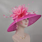 Fuchsia Feather Flower Derby Hat: Wide Brim Sinamay, Royal Ascot