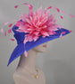 Royal Blue Sinamay Derby Hat: Fuchsia Feather Flower, Wide Brim