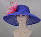 Royal Blue Sinamay Derby Hat: Fuchsia Feather Flower, Wide Brim