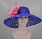Royal Blue Sinamay Derby Hat: Fuchsia Feather Flower, Wide Brim