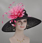 Black Sinamay Derby Hat: Fuchsia Feather Flower Wide Brim