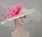 White with Pink Feather Flower Wide Brim Kentucky Derby Hat, Ascot Hat for Wedding Tea Party, Garden Party Hat, Mother of the Bride, Church