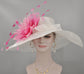 White with Pink Feather Flower Wide Brim Kentucky Derby Hat, Ascot Hat for Wedding Tea Party, Garden Party Hat, Mother of the Bride, Church