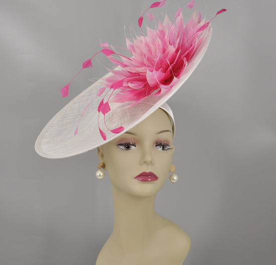 White Sinamay Saucer Hat: Pink Feather Flower DerbyFascinator