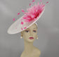 White Sinamay Saucer Hat: Pink Feather Flower Kentucky Derby Fascinator