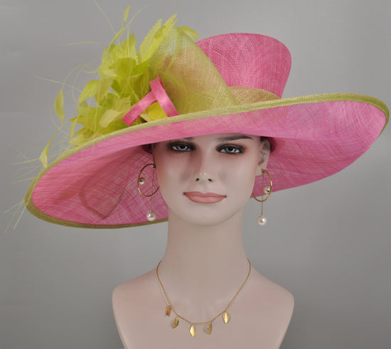 Hot Pink Sinamay Kentucky Derby Hat, Feather Flower Wide Brim