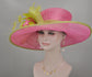 Hot Pink w Lime Green  Feather Flower  Wide Brim Sinamay  Kentucky Derby Hat Tea Party Carriage Party