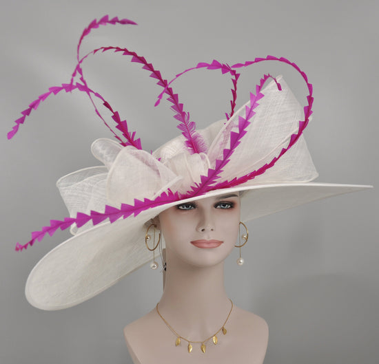White Bow Tea Party Hat Wide Brim Kentucky Derby Hat,Ascot Hat for Wedding & Tea Party, Garden Party Hat, Mother of the Bride, Church