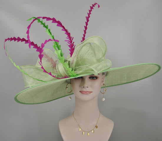 Spring Green Derby Hat: Feathered Ascot Tea Party Hat