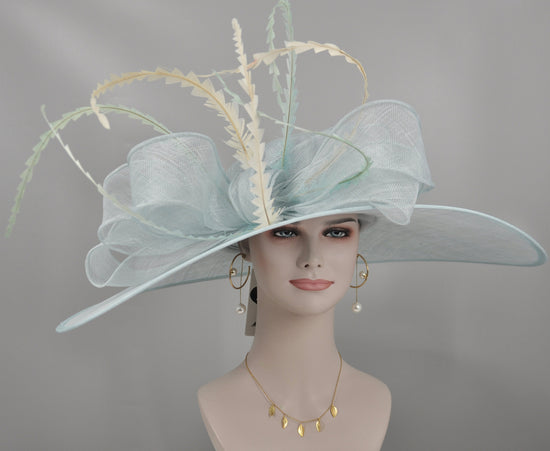 Powder Blue Kentucky Derby Hat: Wide Brim Feathered Sinamay Bow