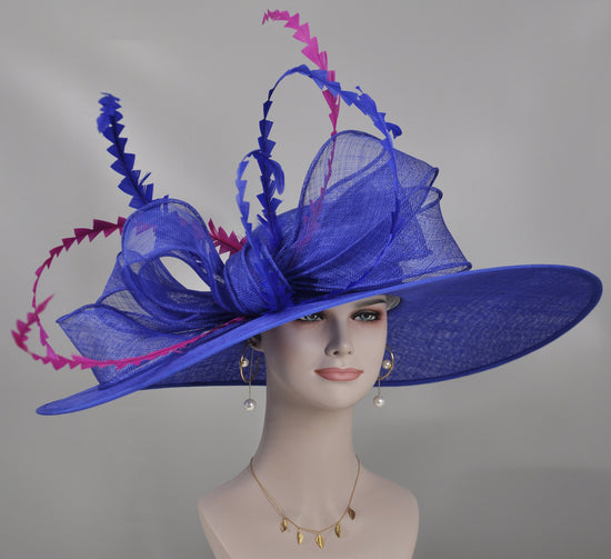 Royal Blue Derby Hat: Feathered Sinamay Bow Ascot Hat