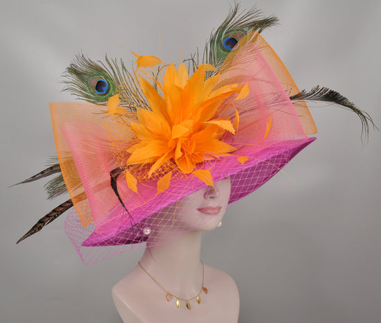 Wide Brim Sinamay Kentucky Derby Hat: Feather Flower, Peacock & Pheasant Feathers