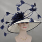 Wide Brim Sinamay Derby Hat: White w Navy Feather Flowers