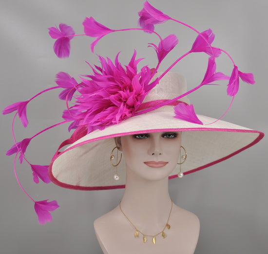 White Sinamay Derby Hat: Fuchsia Feather Ascot Hat