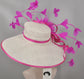 White Sinamay Derby Hat: Fuchsia Feather Ascot Hat