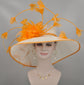 Wide Brim Derby Hat: White Sinamay with Orange Feather Flowers