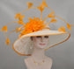 Wide Brim Kentucky Derby Hat: White Sinamay with Orange Feather Flowers