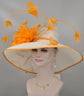 Wide Brim Derby Hat: White Sinamay with Orange Feather Flowers