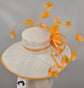 Wide Brim Derby Hat: White Sinamay with Orange Feather Flowers
