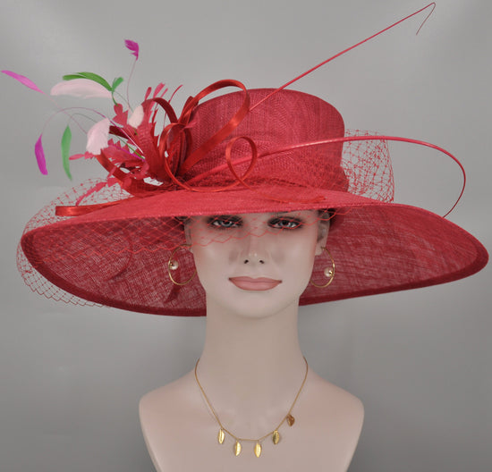 Red Sinamay Wide Brim Hat: DerbyFeather Church Hat