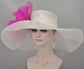 Sinamay Kentucky Derby Hat: White Floppy Brim with Fuchsia Silk Flower