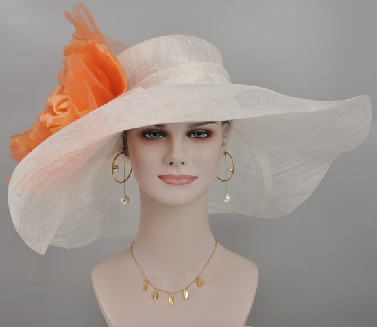 Wide Brim Sinamay Derby Hat, Orange Silk Flower, Church Wedding