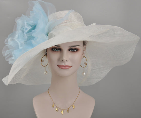 Wide Brim Sinamay Derby Hat: White with Powder Blue Silk Flower
