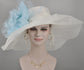 Wide Brim Sinamay Kentucky Derby Hat: White with Powder Blue Silk Flower