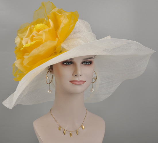 Wide Brim Sinamay Derby Hat with Lemon Yellow Silk Flower