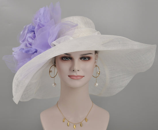 White Sinamay Derby Hat: Lavender Silk Flower Wide Brim