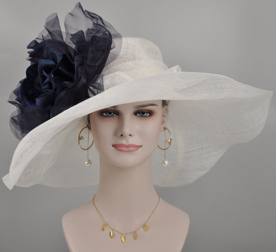 Wide Brim Sinamay Derby Hat: White w Navy Silk Flower