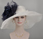 Wide Brim Sinamay Kentucky Derby Hat: White w Navy Silk Flower