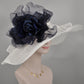 Wide Brim Sinamay Kentucky Derby Hat: White w Navy Silk Flower