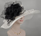 White w Black Jumbo Silk Flower, Kentucky Derby hat, Church hat, Wedding hat, Tea Party hat , Floppy Wide Brim Sinamay Dress Hat
