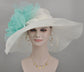 Wide Brim Sinamay Derby Hat: White with Turquoise Silk Flower