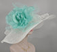 Wide Brim Sinamay Derby Hat: White with Turquoise Silk Flower